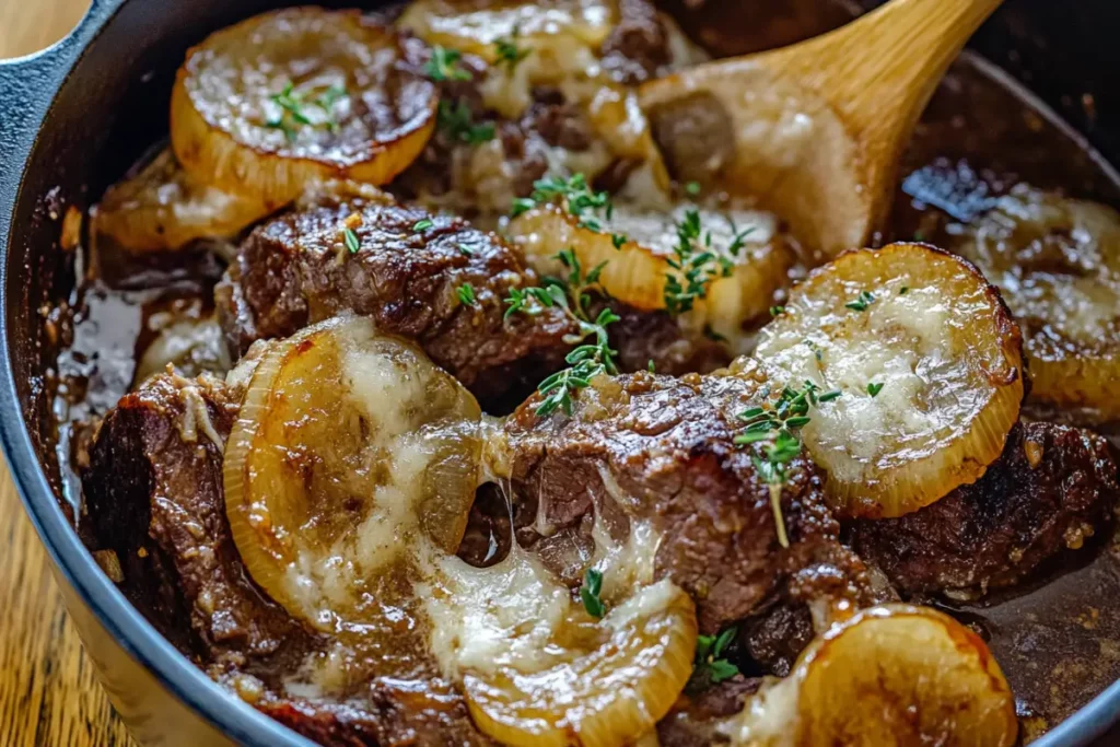 French Onion Pot Roast Recipe in Dutch oven with gravy