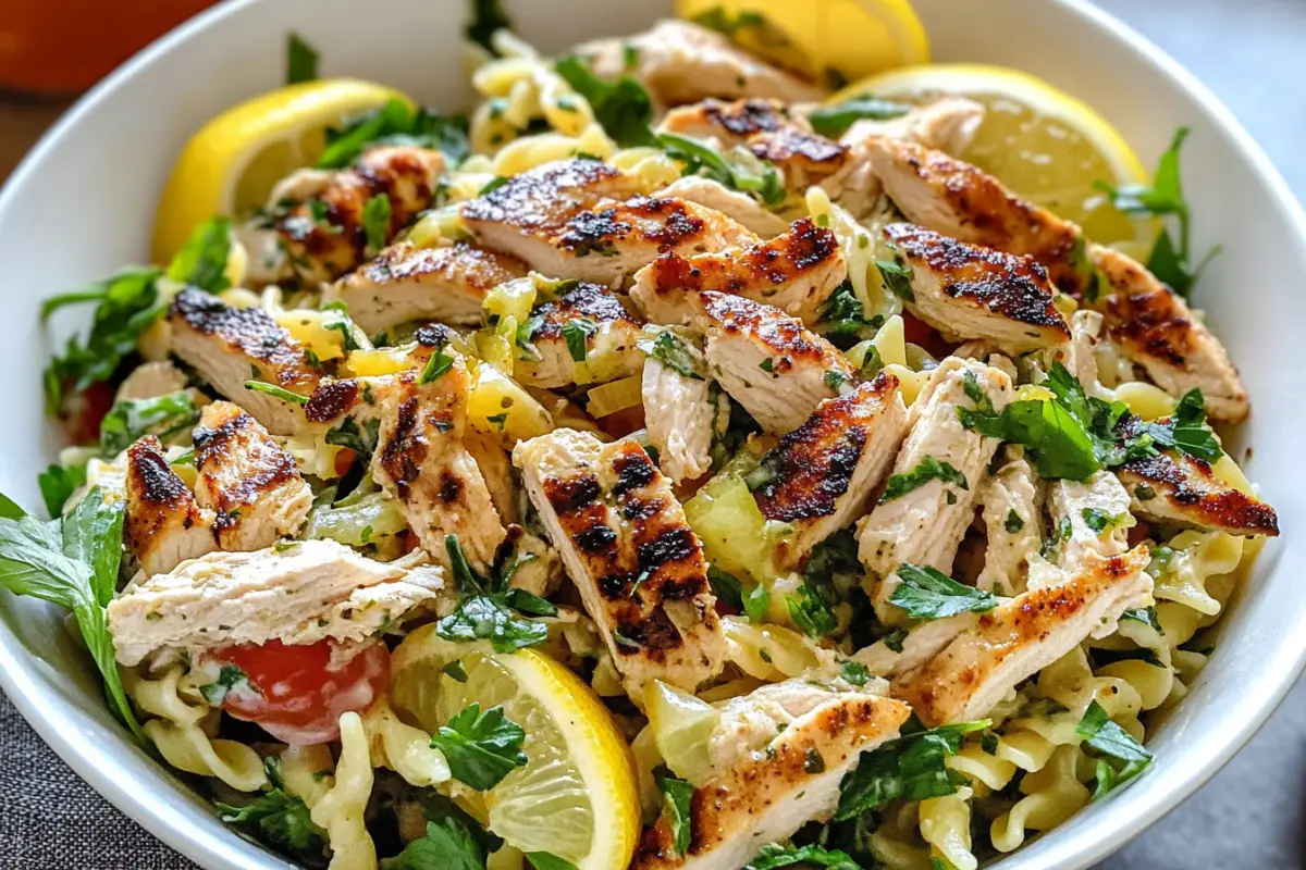 Fresh Lemon Chicken Pasta Salad Close-Up