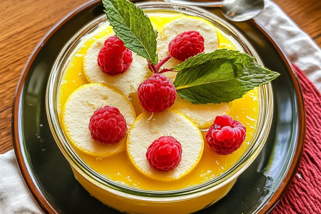 Creamy lemon posset dessert in a glass jar with raspberries