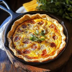 Cast iron quiche recipe with golden crust in skillet