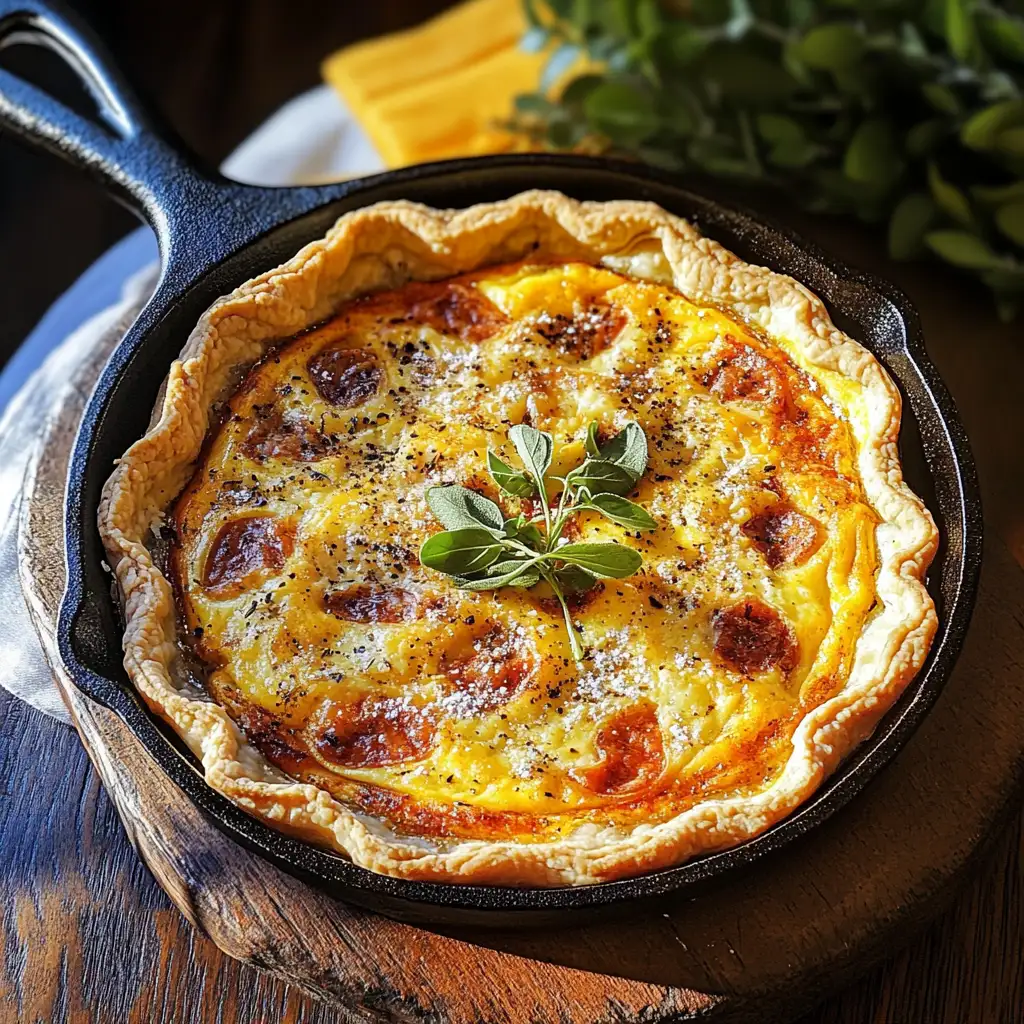 Cast iron quiche recipe with golden crust in skillet