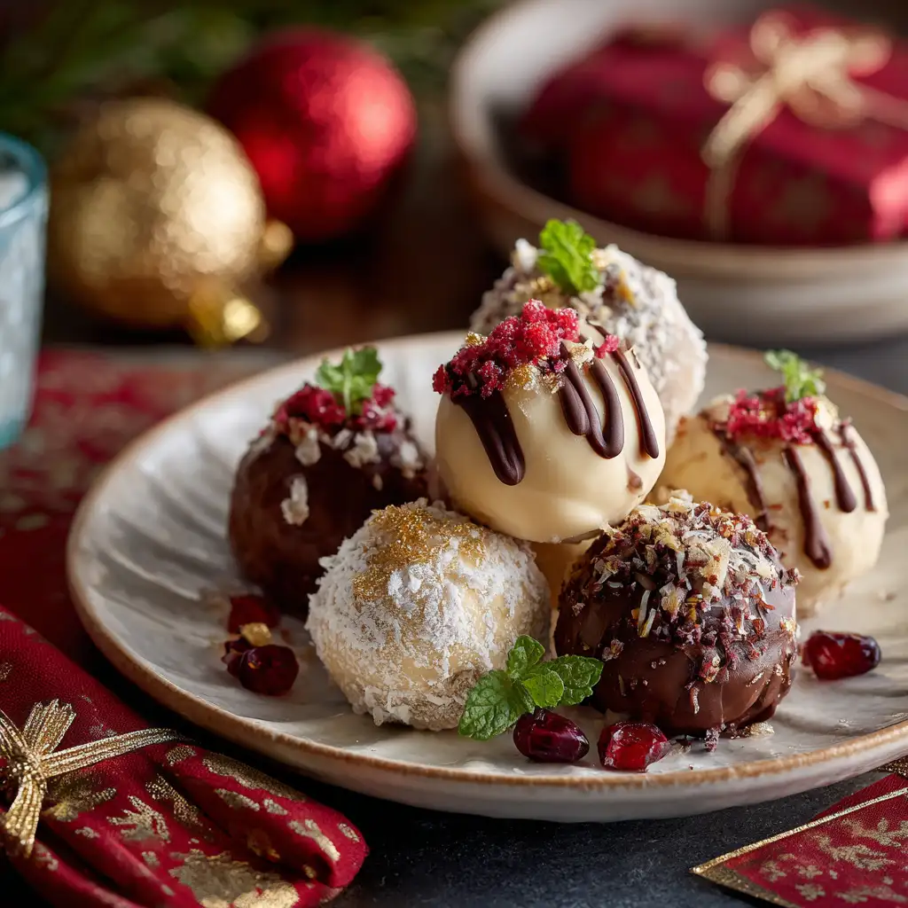 Vegan truffles plated for serving