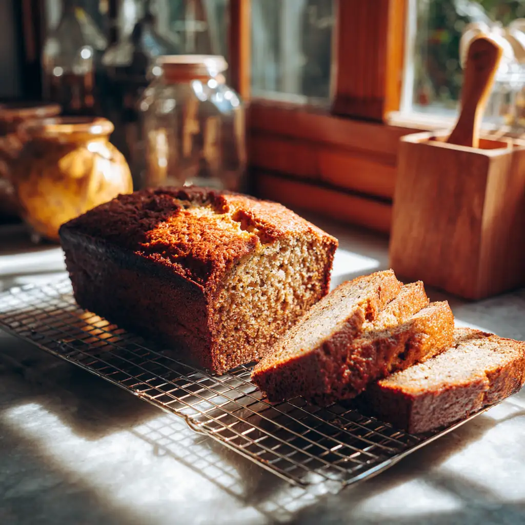 Vegan banana bread cooling on rack