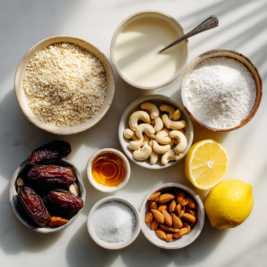 Vegan cheesecake ingredients laid out on counter