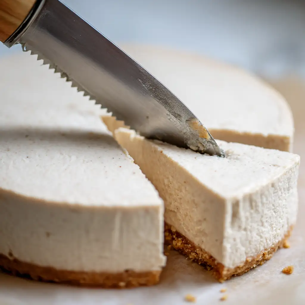 Slicing chilled vegan cheesecake