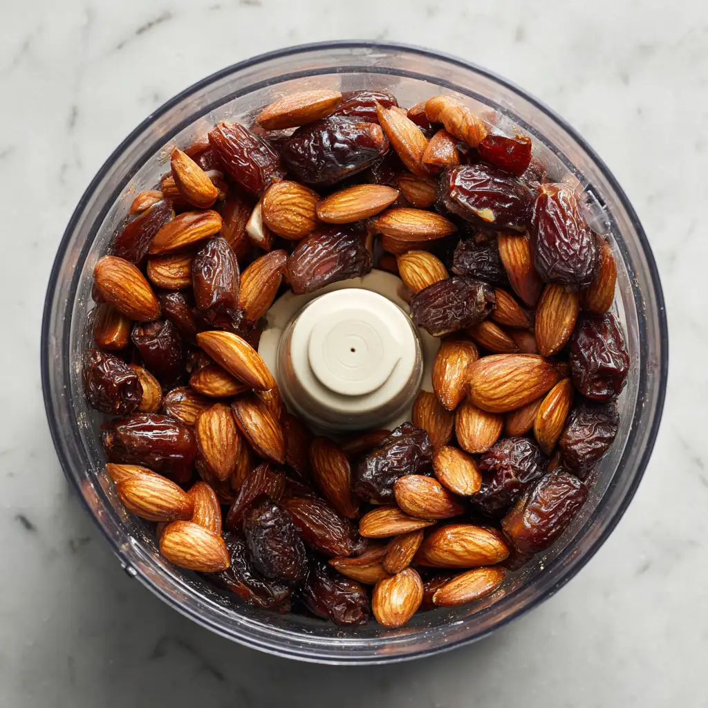 Blending nuts and dates for cheesecake crust