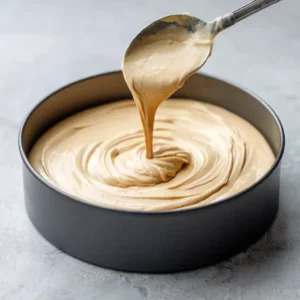 Pouring vegan cheesecake filling into pan