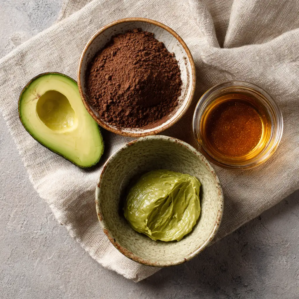 vegan chocolate mousse ingredients flat lay