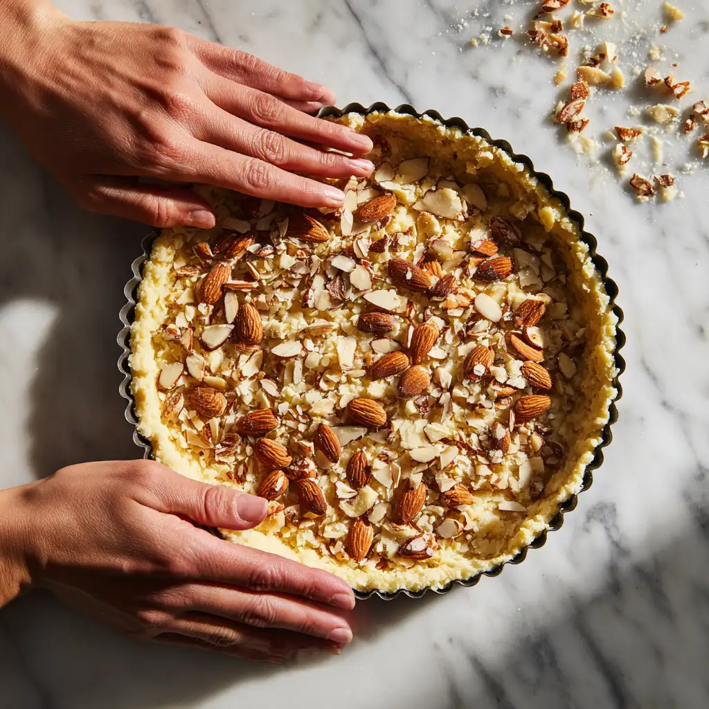 Pressing almond crust into tart pan