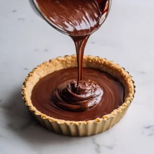Pouring chocolate filling into tart crust