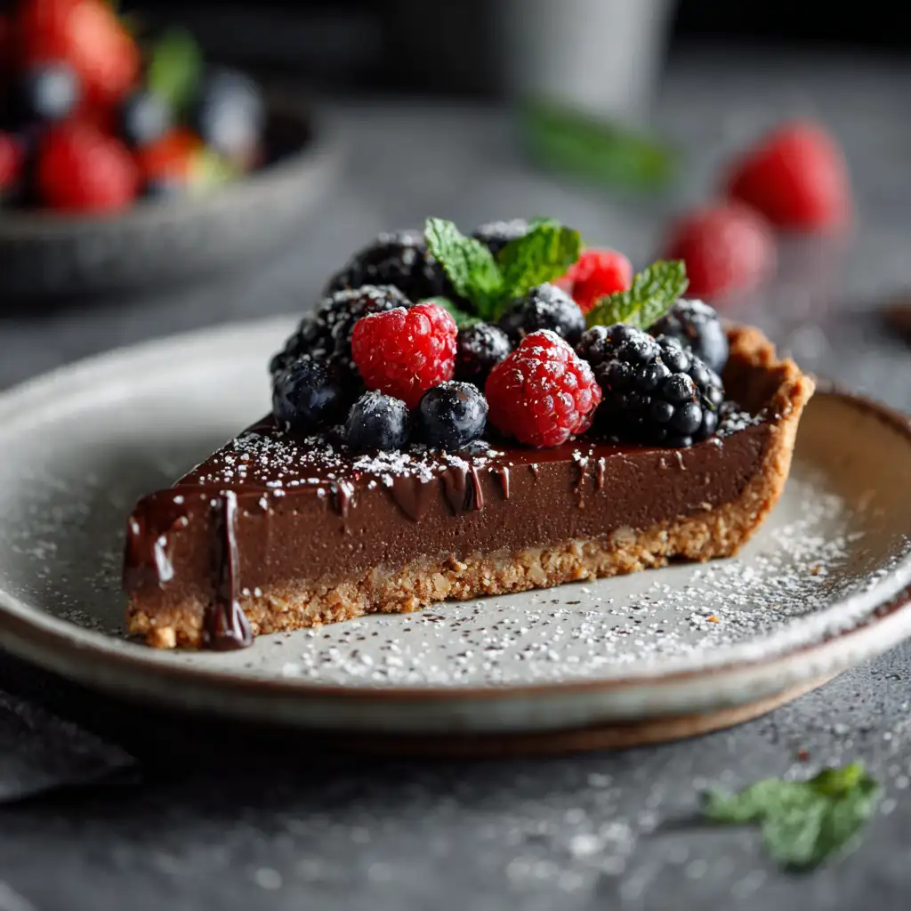 Slice of vegan chocolate tart with berries