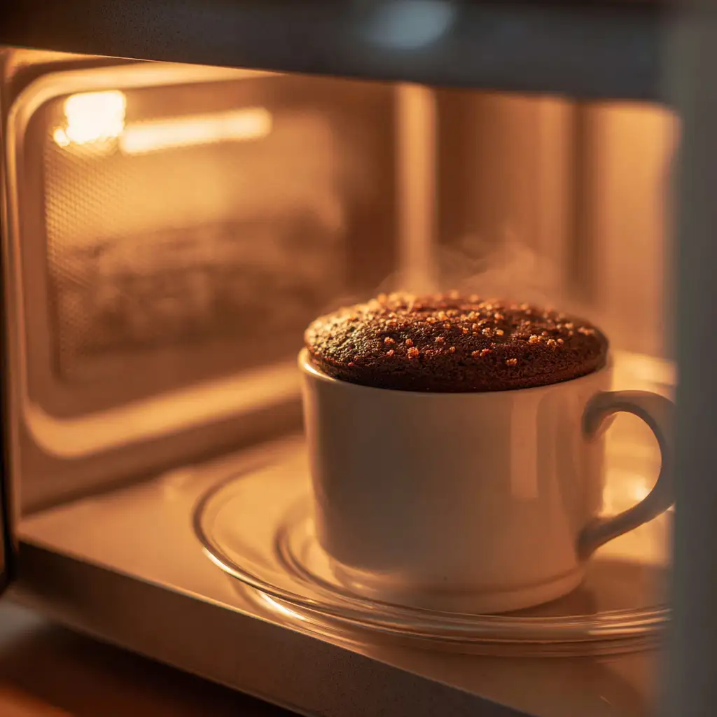 Vegan mug cake rising in the microwave