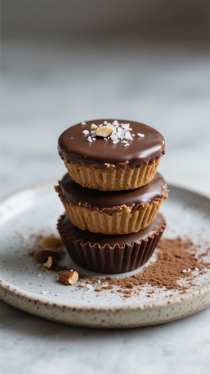 Final dish presentation: Beautiful stack of 3 finished vegan chocolate almond butter cups on a small