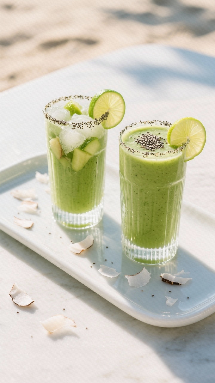 Final dish presentation: Beautifully styled Tropical Green Smoothie served in two modern, slightly f