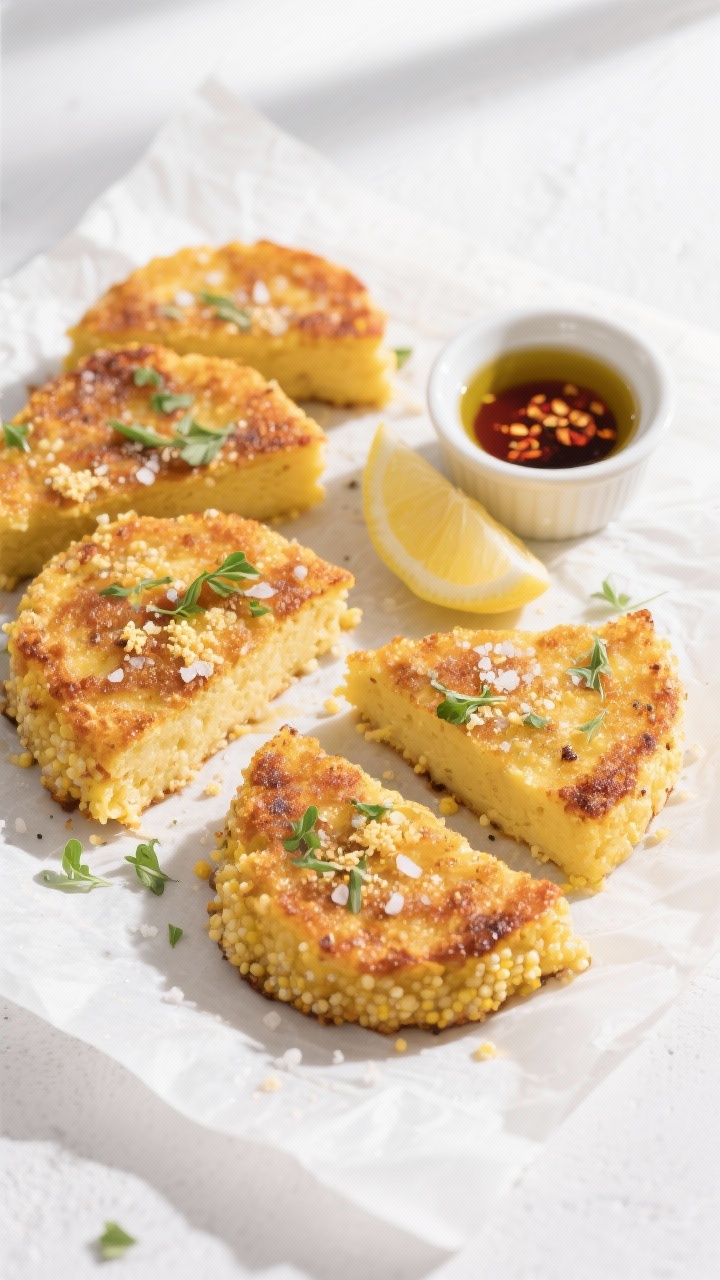 Overhead “tasty top view” variation: Sliceable next-day polenta cakes pan-fried to a crisp golde