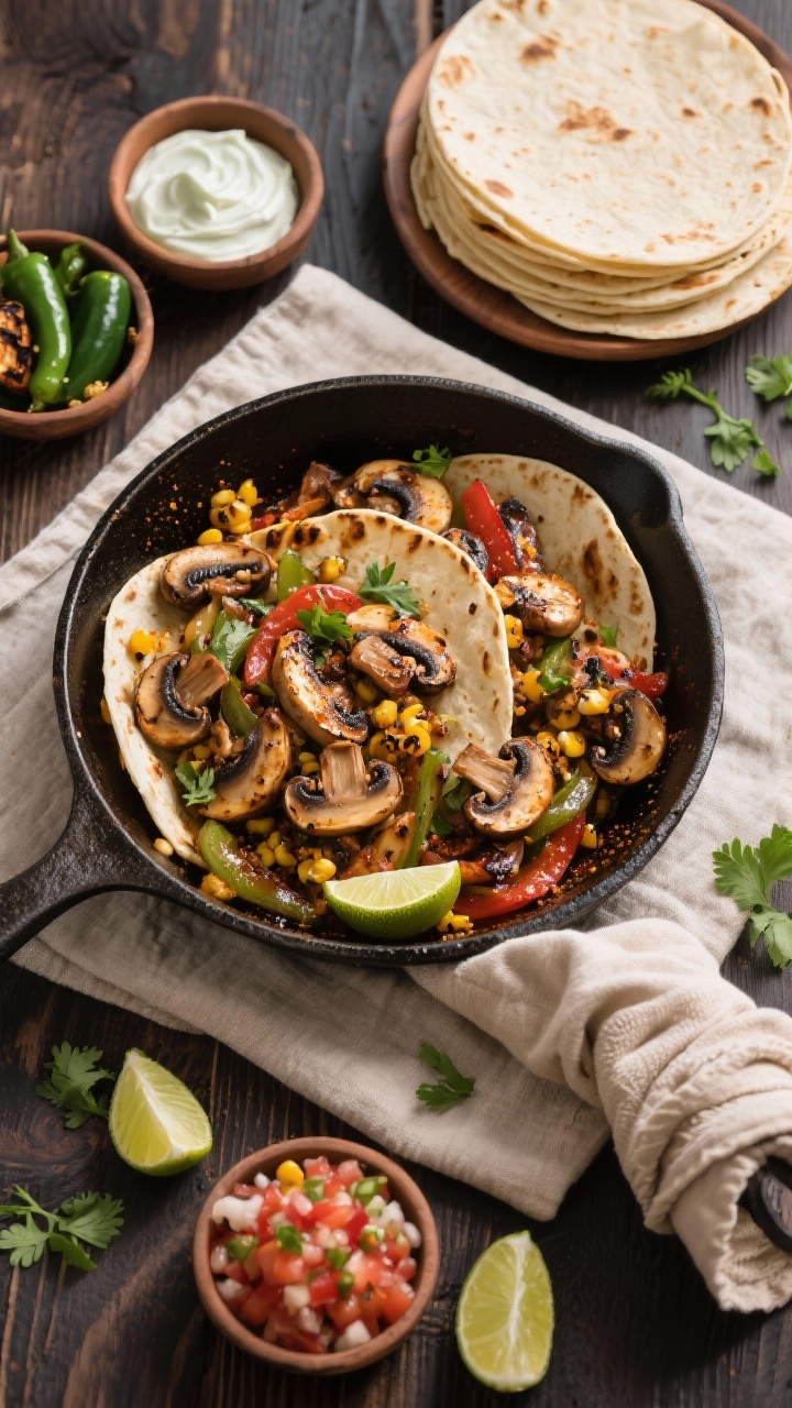 Tasty top view, family-style spread: Overhead shot of a shareable fajita setup—large skillet of fi