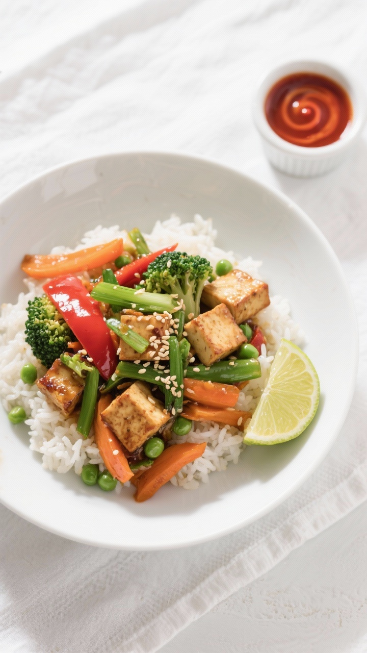 Tasty top view: Final plated Tofu Veggie Stir Fry over steamed jasmine rice in a wide, shallow white