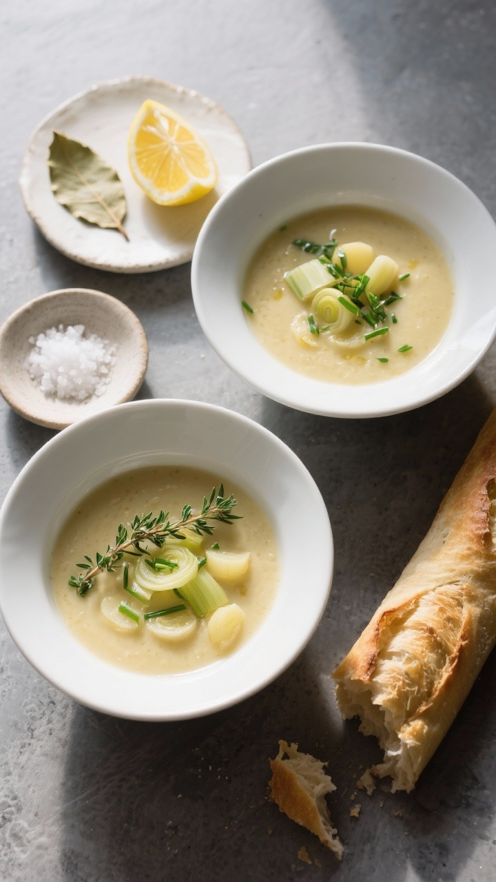 Tasty top view: Overhead shot of a cozy weeknight spread—two bowls of dairy-free potato leek soup